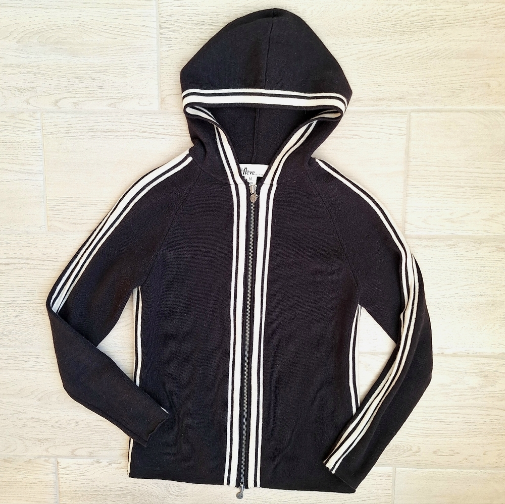 Neve Designs Women's Sport Black and White Stripe Zip-Up Wool Hoodie Size Medium